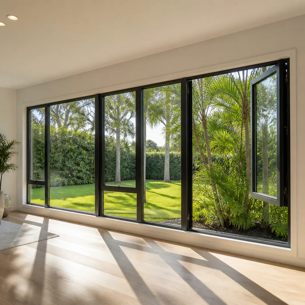 Modern black-framed windows installed in a bright living room