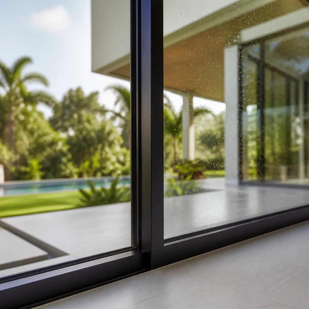 Modern floor-to-ceiling window installation in a luxury home with pool view